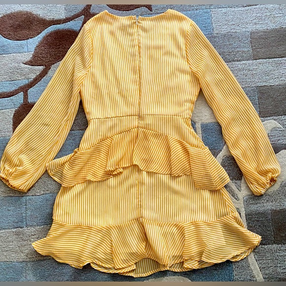 Leith Pinstripe Long Sleeve Faux Wrap Ruffle Flounced Chiffon Mini Dress. - Picture 7 of 8